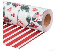 BIOBROWN Reversible Christmas Wrapping Paper Roll, Vintage Red Berries & Red Stripe Gift Wrap for Christmas, Season Party, Xmas, 43cm x 10m
