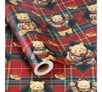 BIOBROWN Vintage Christmas Wrapping Paper Plaid Teddy Bear,43cm x 10m | Retro Gift Wrap, Red Green Classic Tartan, 47 sq ft Mini Roll, Secret Santa Xmas Holiday Winter Party Gifting, DIY Crafts