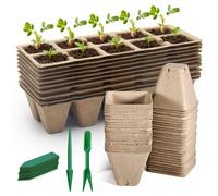 Biodegradable Growing Kit, 10 Nursery Trays, 40 Square Plant Pots with Drainage Holes, 100 Plant Labels, 2 Transplant Tools, Compostable Paper Pulp Set for Herbs, Flowers, Vegetables