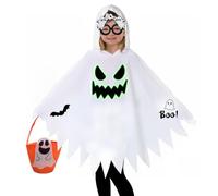 BIOECEUA Ghost Halloween Costumes Kids, Glow in the Dark Hooded Scary Ghost Cloak with Pumpkin Treat Bucket Boo Glasses, Soft PonchoTrick or Treat Outfit Party Dress for Boys Girls