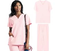 BIOECEUA Scrubs Uniforms Women Set, Slim Stretch Curved V Neck Top & Drawstring Jogger Pants for Hospital Operating Room Pink L