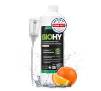 BiOHY Floor Cleaner for Mop Robot Station with Orange Fragrance (1 Litre Bottle) + Dispenser, Concentrate Cleaning Agent for All Mop and Robot Vacuum Cleaner with Wet Function, Low Foam and