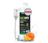 BiOHY Floor cleaner for mopping robots with orange scent (1l Bottle) + Dispenser | Cleaning agent concentrate for all floor-cleaning robots | Foam-free & streak-free | Sustainable 1:200 concentrate