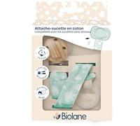 Biolane - Cotton Dummy Chain with Wooden Clip, 100% Soft Cotton, Double Security, Mint Green Pattern
