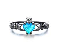BIOLIVING Charm Female White Blue Opal Stone Ring Vintage Black Gold Wedding Rings For Women Love Claddagh Heart Engagement Ring