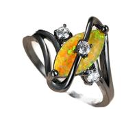 BIOLIVING Cute Female Leaf Opal Stone Ring Charm Black Gold Wedding Rings For Women Promise White Round Zircon Engagement Ring
