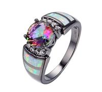 BIOLIVING Rainbow Fire Opal Finger Rings Black Gold Filled Jewelry Engagement Wedding Party Gift Rings For Women Men