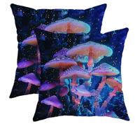 Bioluminescent Mushroom Pillow Covers Set of 2,Blue Glowing Mushrooms Throw Pillows Case,Summer Fantasy Decorative Square Mystic Decor Cushion Covers for Home Sofa Bed Couch 16x16 Inch