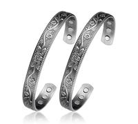 BioMag 2 Pcs Magnetic Copper Bracelets for Men, 99.99% Pure Copper Cuffs with 3500 Gauss Magnets, Adjustable Size, Intricate Floral Pattern, Antique Silver