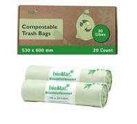 bioMat Compostable 30 Litre Kitchen Caddy Liners, 20 Refuse Sacks, EN 13432 Certified Compostable Food Waste Bags, for Organic Waste, Household Waste