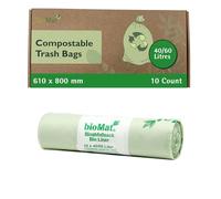 bioMat Compostable 40 Litre Kitchen Caddy Liners, 10 Refuse Sacks, EN 13432 Certified Compostable Food Waste Bags, for Organic Waste, Household Waste