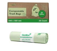 bioMat Compostable Kitchen Caddy Liners, 20 litre, EN 13432 Certified Compostable Food Waste Bags, Strong and Tear Resistant, Leakproof, for Organic Waste, Household Waste, 26 Refuse Sacks