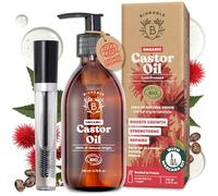 BIONOBLE Organic Castor Oil Cold Pressed + Mascara Kit - Eyelashes - 200ml | 100% Pure, Natural, Hexane-Free - Strengthens, Repairs - Pure Castor Oil for Skin, Eyebrows, Hair Oil - Glass Bottle, Pump