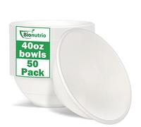 Bionutrio 40oz Large Disposable Bowls, 50 Pack Compostable Paper, Heavy Duty for Hot Soup, White Bagasse, Microwavable Safe for Salad Cereals, Snacks