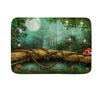 Bioonce Bath Mat Rug,Fantasy Forest Fairy Tale Mushroom Jungle Green Tree Pond Meadow Butterfly Elf Night View Moon Print,Plush Bathroom Decor Mats with Non Slip Backing, 30 x18 Inch