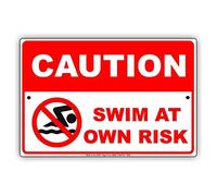 Biopracess Metal Sign Great Aluminum Tin Sign 8x12 Inches Caution Swim At Your Own Risk With Graphic Metal Sign Funny Tin Poster Wall Art Decoration