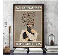 Biopracess Music Poster Easily Distracted By Music And Cats Poster Vinyl Poster Girl Drink Wine Wall Print Home Decoration Cat Signs Music Lover Cute Sign Vintage Decor Metal Sign Poster 8x12 Inches
