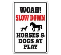 Biopracess Slow Down Horses & Dogs At Play Animal Joke Speed Limit Driving Sign Metal Sign 8x12 Inches