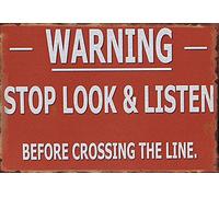 Biopracess Stop Look Listen Railway Train Station Crossing Hanging Retro Sign Metal Sign Retro Vintage Tin Sign Metal Poster Wall Art Decor 8x12 Inches