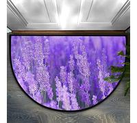 Bioputty Flower Floral Half Round Doormat Purple Lavender Non-Slip Washable Semi Circle Area Rug Durable Absorbent Half Moon Hearth Fireplace Rug for Outdoor Indoor Living Room Bedroom Decor