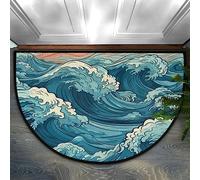 Bioputty Half Round Door Mat Indoor Entrance Cartoon Japanese Turquoise Wave Home Decor Non Slip Bath Rug Absorbent Doormats 76x45 CM Wear Resistant Semi Circle Floor Mats Area Rugs for Kitchen
