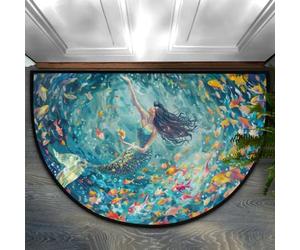 Bioputty Mermaid Fishes Half Round Door Mats for Inside Entry,Ocean Animal Welcome Front Door Mat, Indoor Outdoor Rugs, Non-Slip Floor Mat for Farmhouse Home Decoration, 24x16 Inch