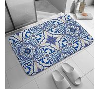 Bioputty Moroccan Mosaic Tiles Bath Mat Dark Blue and White Bathroom Rugs for Shower Soft Non Slip Absorbent Washable Bath Rugs for Bathroom Tub Washroom Spa Holiday Home 18x30 Inch