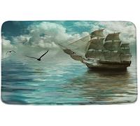 Bioputty Nautical Bath Mat Pirate Ship Ocean Sailboat Sailing Sea Adventure Cloudy Sky Vintage Seascape Coastal Seagulls Bathroom Decor Microfiber Memory Foam Door Rug 16 x 24 In