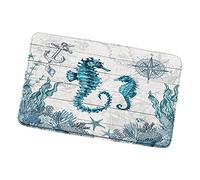 Bioputty Seahorse Bath Mat Teal Marine Life Beach Ocean Themed Turquoise Blue Coral Seaweed Coastal Rustic Farmhouse Barn Door Bathroom Rugs Doormat Kitchen Toilet Floor Carpet 16X24 Inch