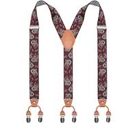 Bioterti Men’s Y-Shaped Heavy Duty Suspenders - 6 Metal Clips, Elastic Straps, Burgundy Paisley, One Size
