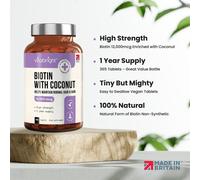 Biotin for Hair Growth Skin and Nails 12000mcg High Strength 365 Tablets 1 Year Supply Enriched with Coconut Oil Powder Natural DBiotin Biologically