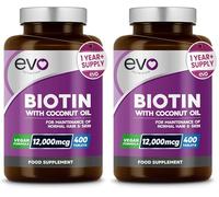 Biotin Hair Growth Supplement 12,000mcg with Coconut Oil | 400 High Strength Tablets for - 13 Month Supply Vitamin B7 Supports Normal Skin & Made in UK by EVO Nutrition (Pack of 2)