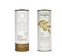 Biotopos Organic EVOO & Aegle Cold Pressed Extra Virgin Olive Oil, both Early Harvest from Koroneiki Variety high in Polyphenols, 2 x 500 ml, Tins, Messenia Greece (2pack)