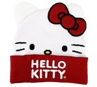 Bioworld Hello Kitty Official Licensed Merchandise Big Face Bow Embroidered Beanie Hat - White Knit Winter Hat with 3D Plush Ears & Red Bow, One Size