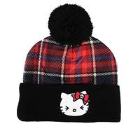 Bioworld Hello Kitty Punk Plaid Black Flat Cuff Pom Beanie Hat