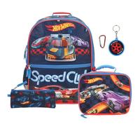 BIOWORLD Kids Led Lights Hot Wheels Five-Piece Backpack Set with Lunch Kit, Spinner Keychain, Carabiner and a Utility Case, Red, One Size, Led Lights Hot Wheels Five-Piece Backpack Set with