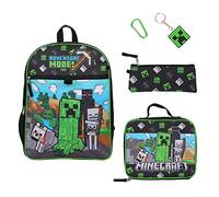 Bioworld Minecraft 5 Piece Set: 16 inch Backpack, Lunchbox, Utility Case, Rubber Keychain, and Carabiner, Multicolored, 1 Size, Modern