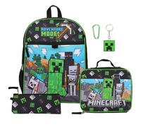Bioworld Minecraft 5 Piece Set: 16 inch Backpack, Lunchbox, Utility Case, Rubber Keychain, and Carabiner, Multicolored, 1 Size, Modern