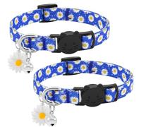 BiPawTi 2x Blue Cat Collar with Bell & Daisy Charm, Cute Floral Daisy Kitten Collar - Soft Cotton Breakaway Cat Collars, Safety Quick Release Buckle Kitty Collars for Cats Kitten - Blue (2 Pack)