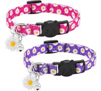 BiPawTi 2x Daisy Cat Collar with Bell & Daisy Charm, Cute Floral Kitten Collar - Soft Cotton Breakaway Cat Collars, Safety Quick Release Buckle Kitty Collars for Cats Kitten - Purple + Pink (2 Pack)