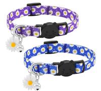 BiPawTi 2x Daisy Cat Collar with Bell & Daisy Charm, Cute Floral Kitten Collar - Soft Cotton Breakaway Cat Collars, Safety Quick Release Buckle Kitty Collars for Cats Kitten - Purple + Blue (2 Pack)