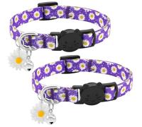 BiPawTi 2x Purple Cat Collar with Bell & Daisy Charm, Cute Floral Daisy Kitten Collar - Soft Cotton Breakaway Cat Collars, Safety Quick Release Buckle Kitty Collars for Cats Kitten - Purple (2 Pack)