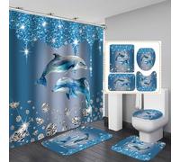 BIPOOBEE 4PCS Diamond Dolphin Shower Curtain Bathroom Set with Rugs, Toilet Lid Cover and Bath Mat, Blue Shower Curtain with 12 Hooks for Bathroom Decor Set