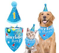 BIPY 1st Birthday Dog Hat Bandanas Set for Boys Small Medium Puppy First Birthday Blue Grooming Supplies Pet 1 Year Birthday Celebration Decoration Accessories