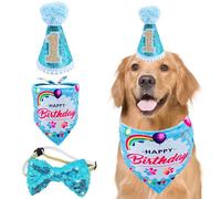 BIPY Blue Dog 1st Birthday Hat、Bandana and Bowtie for Boys Small Medium Dogs Cats happy birthday hat Doggy Party Supplies Adjustable Pet Collar Bowtie Celebration Pet Birthday Neckerchief Set