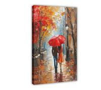 BIQHTGA Autumn Red Umbrella Stroll Poster Canvas Poster Wall Art Decor Print Picture Paintings for Living Room Bedroom Decoration 24x36inch(60x90cm)