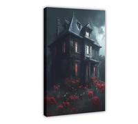 BIQHTGA Spooky Haunted House Poster Canvas Poster Wall Art Decor Print Picture Paintings for Living Room Bedroom Decoration 24x36inch(60x90cm)