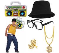 BIQIQI Hip Hop Costume Kit 80's Men's Rapper Accessories Oversized Rectangular Glasses Bucket Hat Gold Dollar Sign Chain Ring Necklace Inflatable Boom Box Party Favors Adult 80s Party Theme Décor