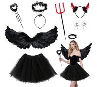 BIQIQI Red Devil Costume Dark Angel Costume Women Halloween Costume with Wings Devil Horns Devil Fork Tutu Skirt and Stickers, Fallen Angel Outfit Ladies Devil Accessories for Women Girls