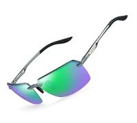 Bircenpro Classic Polarised Sunglasses for Men: Rimless UV Protection Sun Glasses with Al-Mg Frame for Driving Traveling Green&blue Lens